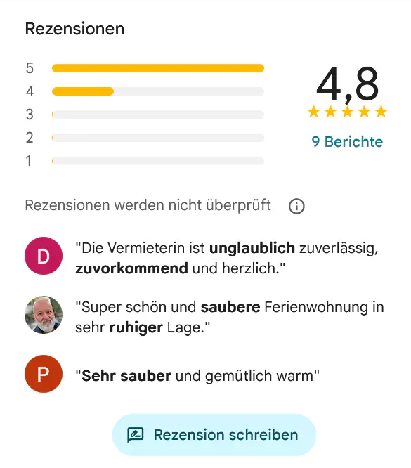 Google Bewertung Note 4,8 von 5 Google Rezension